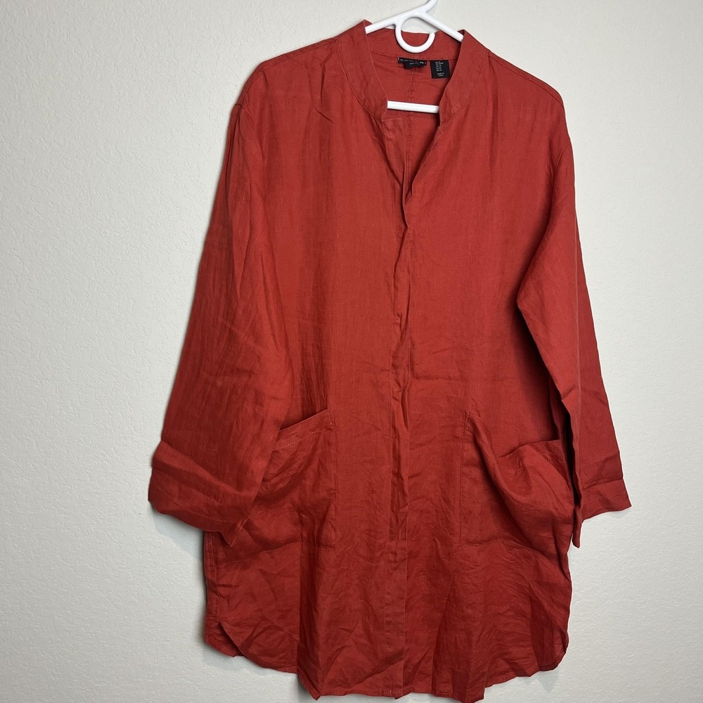 Tahari Button Up Tunic Womens M Orange Linen Collared Long Sleeve Top Pockets